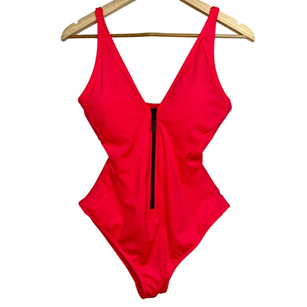 NWT TA3 Cheeky Plungey Zip Hot Coral Pink One Piece Swimsuit Womens Size L Short